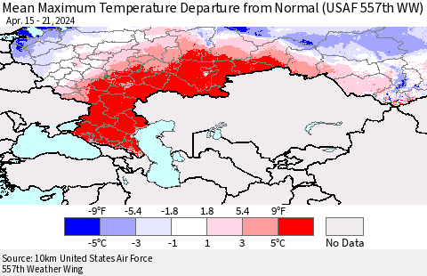 Russian Federation Mean Maximum Temperature Departure from Normal (USAF 557th WW) Thematic Map For 4/15/2024 - 4/21/2024