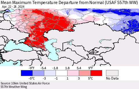 Russian Federation Mean Maximum Temperature Departure from Normal (USAF 557th WW) Thematic Map For 4/22/2024 - 4/28/2024