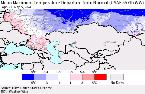 Russian Federation Mean Maximum Temperature Departure from Normal (USAF 557th WW) Thematic Map For 4/29/2024 - 5/5/2024