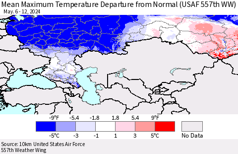 Russian Federation Mean Maximum Temperature Departure from Normal (USAF 557th WW) Thematic Map For 5/6/2024 - 5/12/2024