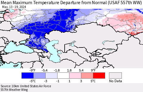 Russian Federation Mean Maximum Temperature Departure from Normal (USAF 557th WW) Thematic Map For 5/13/2024 - 5/19/2024