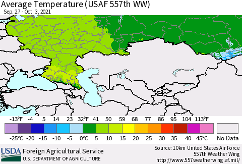 Russian Federation Average Temperature (USAF 557th WW) Thematic Map For 9/27/2021 - 10/3/2021