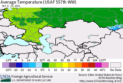 Russian Federation Average Temperature (USAF 557th WW) Thematic Map For 10/4/2021 - 10/10/2021