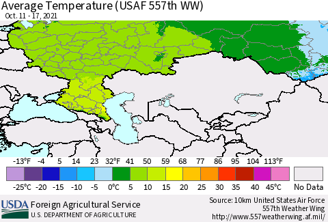 Russian Federation Average Temperature (USAF 557th WW) Thematic Map For 10/11/2021 - 10/17/2021