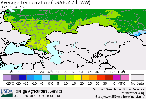 Russian Federation Average Temperature (USAF 557th WW) Thematic Map For 10/18/2021 - 10/24/2021