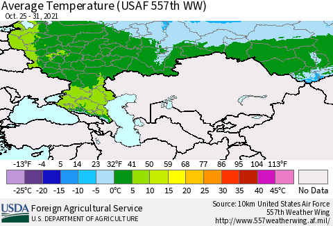 Russian Federation Average Temperature (USAF 557th WW) Thematic Map For 10/25/2021 - 10/31/2021