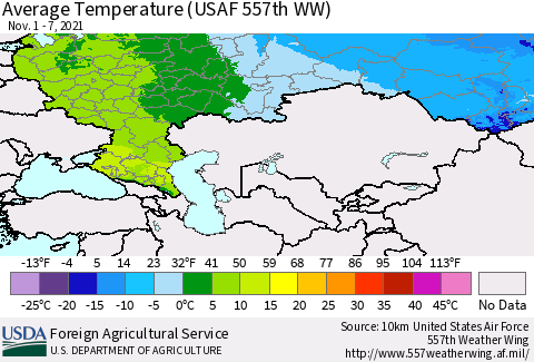 Russian Federation Average Temperature (USAF 557th WW) Thematic Map For 11/1/2021 - 11/7/2021