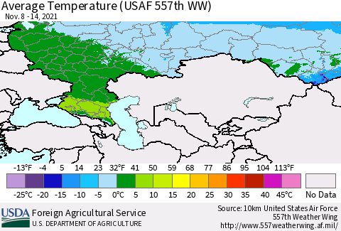 Russian Federation Average Temperature (USAF 557th WW) Thematic Map For 11/8/2021 - 11/14/2021