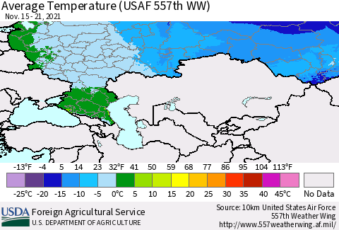Russian Federation Average Temperature (USAF 557th WW) Thematic Map For 11/15/2021 - 11/21/2021
