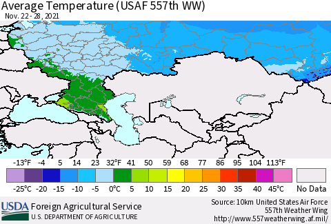 Russian Federation Average Temperature (USAF 557th WW) Thematic Map For 11/22/2021 - 11/28/2021