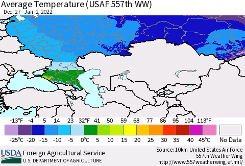 Russian Federation Average Temperature (USAF 557th WW) Thematic Map For 12/27/2021 - 1/2/2022