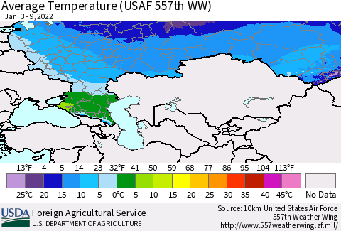 Russian Federation Average Temperature (USAF 557th WW) Thematic Map For 1/3/2022 - 1/9/2022