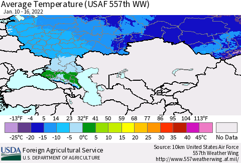 Russian Federation Average Temperature (USAF 557th WW) Thematic Map For 1/10/2022 - 1/16/2022