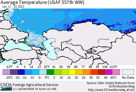 Russian Federation Average Temperature (USAF 557th WW) Thematic Map For 1/17/2022 - 1/23/2022