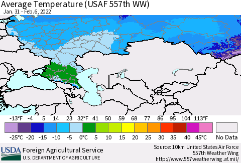 Russian Federation Average Temperature (USAF 557th WW) Thematic Map For 1/31/2022 - 2/6/2022