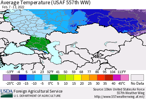Russian Federation Average Temperature (USAF 557th WW) Thematic Map For 2/7/2022 - 2/13/2022