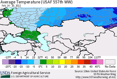 Russian Federation Average Temperature (USAF 557th WW) Thematic Map For 2/14/2022 - 2/20/2022