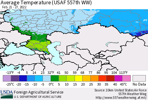 Russian Federation Average Temperature (USAF 557th WW) Thematic Map For 2/21/2022 - 2/27/2022