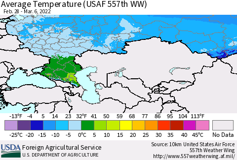 Russian Federation Average Temperature (USAF 557th WW) Thematic Map For 2/28/2022 - 3/6/2022