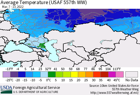 Russian Federation Average Temperature (USAF 557th WW) Thematic Map For 3/7/2022 - 3/13/2022