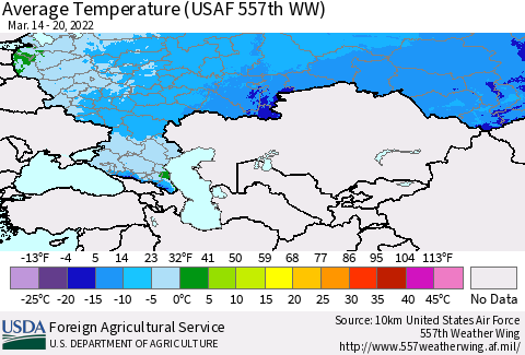 Russian Federation Average Temperature (USAF 557th WW) Thematic Map For 3/14/2022 - 3/20/2022