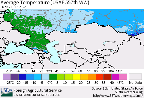 Russian Federation Average Temperature (USAF 557th WW) Thematic Map For 3/21/2022 - 3/27/2022