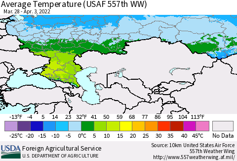 Russian Federation Average Temperature (USAF 557th WW) Thematic Map For 3/28/2022 - 4/3/2022