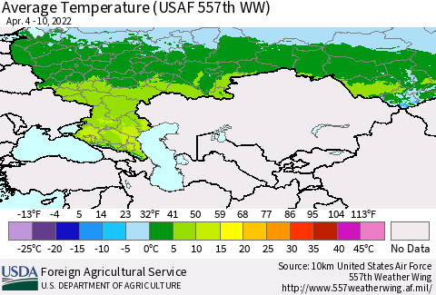 Russian Federation Average Temperature (USAF 557th WW) Thematic Map For 4/4/2022 - 4/10/2022