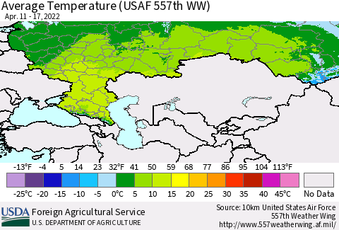 Russian Federation Average Temperature (USAF 557th WW) Thematic Map For 4/11/2022 - 4/17/2022