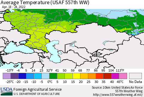 Russian Federation Average Temperature (USAF 557th WW) Thematic Map For 4/18/2022 - 4/24/2022