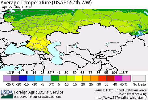 Russian Federation Average Temperature (USAF 557th WW) Thematic Map For 4/25/2022 - 5/1/2022