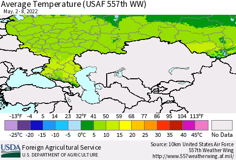 Russian Federation Average Temperature (USAF 557th WW) Thematic Map For 5/2/2022 - 5/8/2022