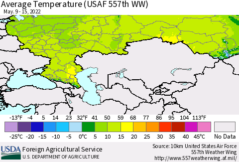 Russian Federation Average Temperature (USAF 557th WW) Thematic Map For 5/9/2022 - 5/15/2022