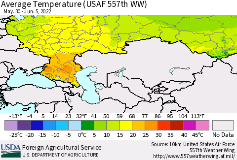 Russian Federation Average Temperature (USAF 557th WW) Thematic Map For 5/30/2022 - 6/5/2022