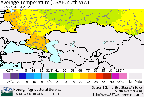 Russian Federation Average Temperature (USAF 557th WW) Thematic Map For 6/27/2022 - 7/3/2022