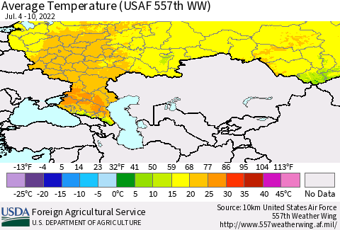 Russian Federation Average Temperature (USAF 557th WW) Thematic Map For 7/4/2022 - 7/10/2022
