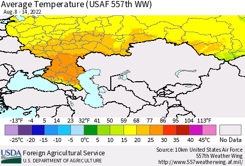 Russian Federation Average Temperature (USAF 557th WW) Thematic Map For 8/8/2022 - 8/14/2022