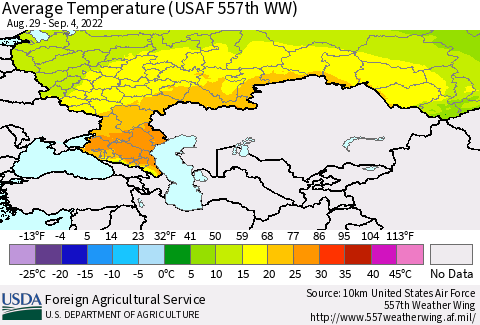 Russian Federation Average Temperature (USAF 557th WW) Thematic Map For 8/29/2022 - 9/4/2022