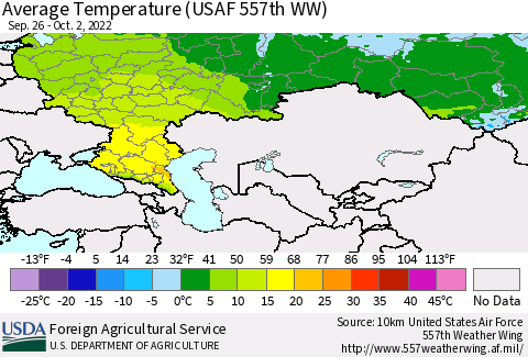 Russian Federation Average Temperature (USAF 557th WW) Thematic Map For 9/26/2022 - 10/2/2022