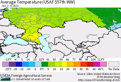 Russian Federation Average Temperature (USAF 557th WW) Thematic Map For 10/3/2022 - 10/9/2022
