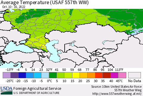 Russian Federation Average Temperature (USAF 557th WW) Thematic Map For 10/10/2022 - 10/16/2022