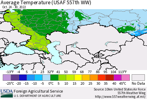 Russian Federation Average Temperature (USAF 557th WW) Thematic Map For 10/24/2022 - 10/30/2022