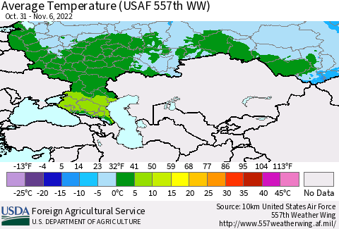 Russian Federation Average Temperature (USAF 557th WW) Thematic Map For 10/31/2022 - 11/6/2022