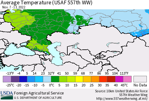 Russian Federation Average Temperature (USAF 557th WW) Thematic Map For 11/7/2022 - 11/13/2022