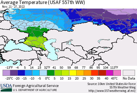 Russian Federation Average Temperature (USAF 557th WW) Thematic Map For 11/21/2022 - 11/27/2022