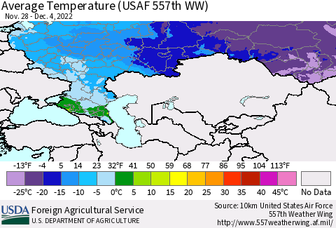 Russian Federation Average Temperature (USAF 557th WW) Thematic Map For 11/28/2022 - 12/4/2022