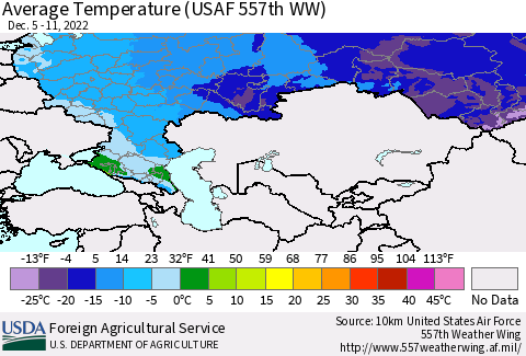 Russian Federation Average Temperature (USAF 557th WW) Thematic Map For 12/5/2022 - 12/11/2022