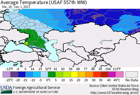 Russian Federation Average Temperature (USAF 557th WW) Thematic Map For 12/26/2022 - 1/1/2023
