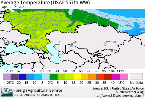 Russian Federation Average Temperature (USAF 557th WW) Thematic Map For 4/17/2023 - 4/23/2023