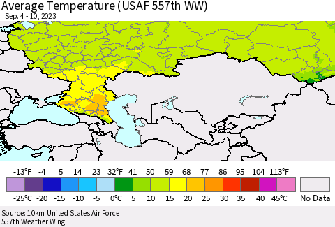 Russian Federation Average Temperature (USAF 557th WW) Thematic Map For 9/4/2023 - 9/10/2023